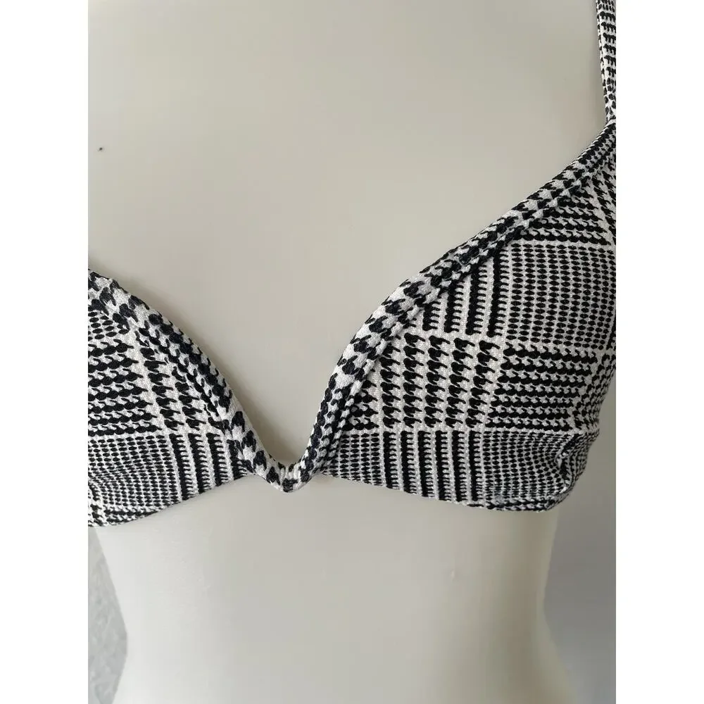 L*Space Swim Bikini Top Plunge Plaid Ivory Black Swimwear